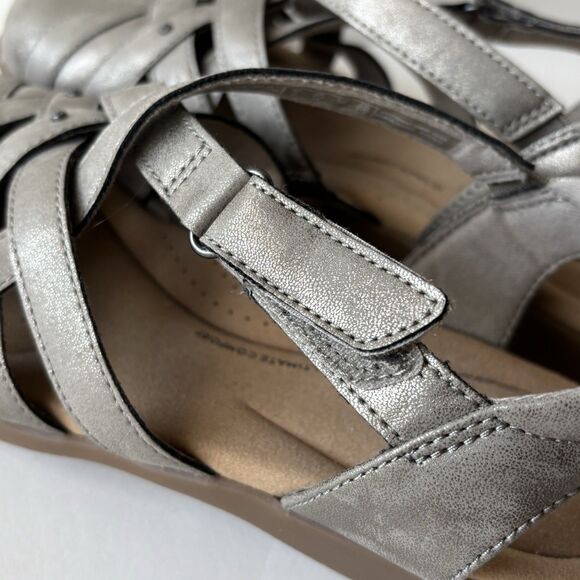 CLARKS Elizabelle Sea Pewter Metallic Sandals Strappy Flats - Picture 3 of 10